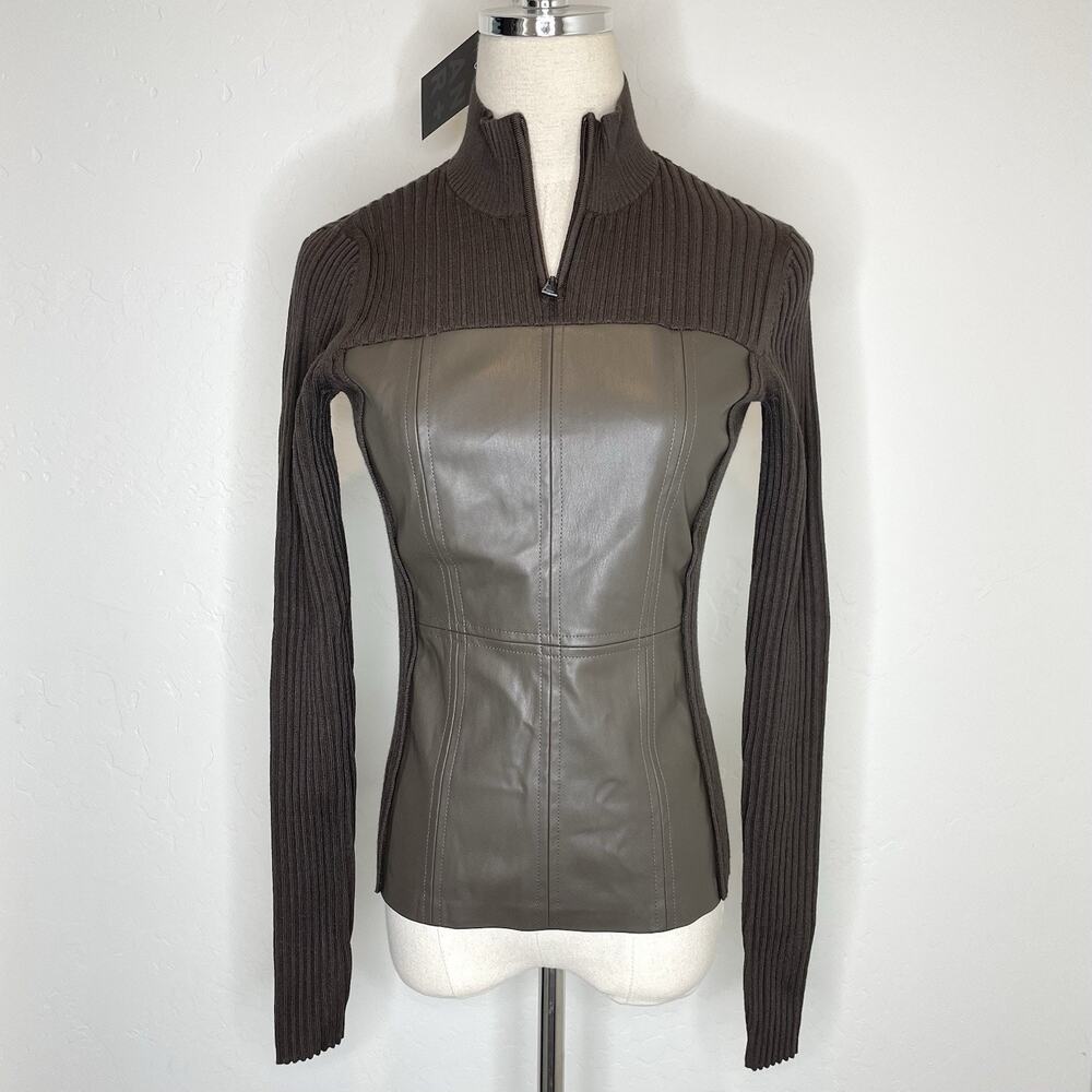 Alp N Rock Blaire 1/4 Zip Sweater Womens Small Coffee Brown Ribbed Faux Leather